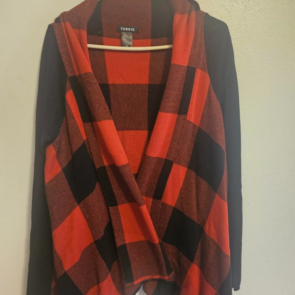 Torrid Buffalo Plaid Open Front Shawl Cardigan Red Black Plus Size 0X